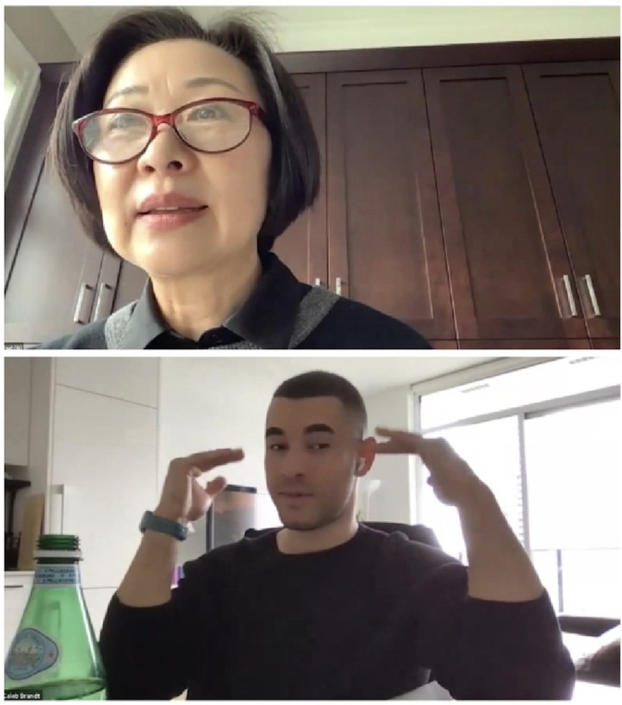 A senior and her assistant on a video English lesson